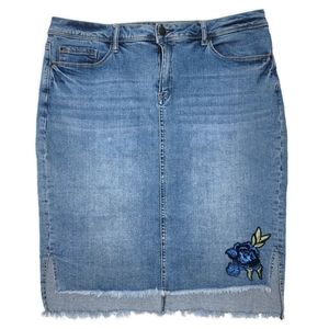 Chelsea studios denim skirt high low with raw hem, fringe, embroidered flower 16